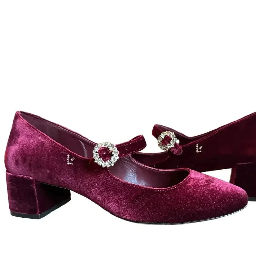 Larroude Blair Mary Jane Pumps Size 8 Burgundy Velvet Crystal‎ Buckle Coquette